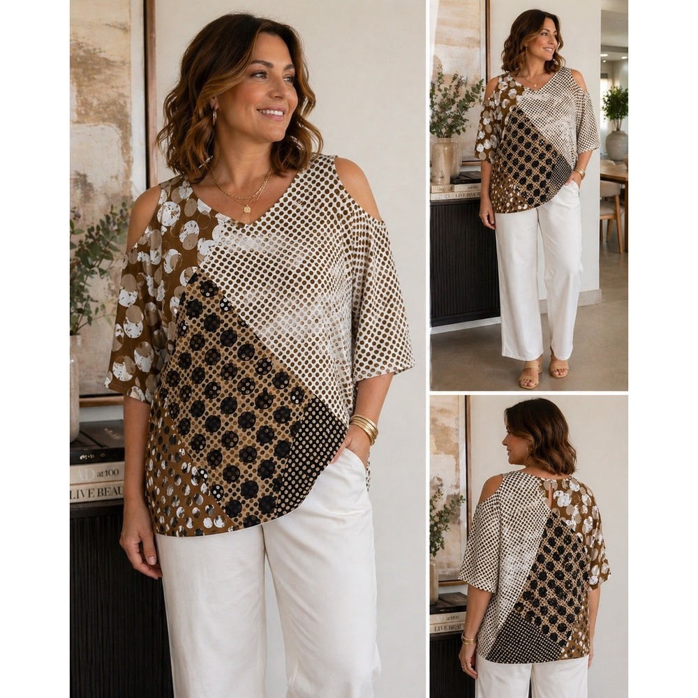 Boho Polka Dot Patchwork Chico's Top Size 3 (XL) Neutral Artsy Chic